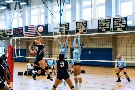 Harper Pertchik ’20 spikes the volleball during a game.