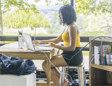 Sunlight filters in as art student January-Jones Carter ’19 begins a sketch in the newly designed and remodelled art studio.