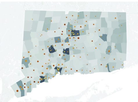 The background is segmented by town area, and the shades of grey showcases the percentage of people under SNAP- Supplemental Nutrition Assistance Program. A darker shade signifies that more people in that town receive SNAP. The bubbles are data from all public high schools in Connecticut, showcasing the percentage of students in that school that scored over a set national benchmark on the SAT.
A higher percentage, which corresponds to generally better academic performance, are darker shades of orange. Very evidently, the schools with poorer performing students bodies coincide almost perfectly with with towns where a higher population receive food assistance. This is regardless of geographic location too, schools from different districts that are near each other still follow this trend.