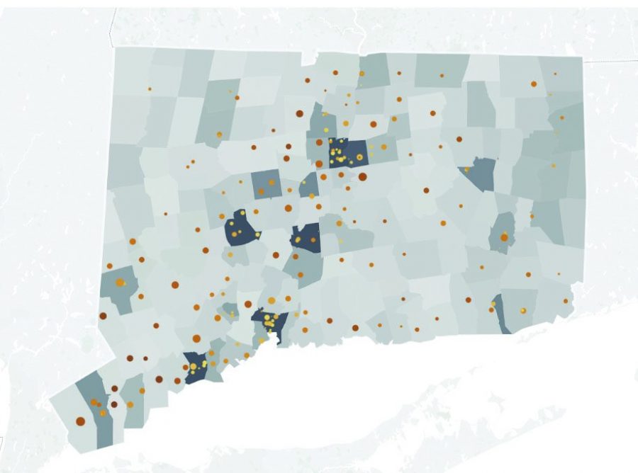 The background is segmented by town area, and the shades of grey showcases the percentage of people under SNAP- Supplemental Nutrition Assistance Program. A darker shade signifies that more people in that town receive SNAP. The bubbles are data from all public high schools in Connecticut, showcasing the percentage of students in that school that scored over a set national benchmark on the SAT. 
A higher percentage, which corresponds to generally better academic performance, are darker shades of orange. Very evidently, the schools with poorer performing students bodies coincide almost perfectly with with towns where a higher population receive food assistance. This is regardless of geographic location too, schools from different districts that are near each other still follow this trend.