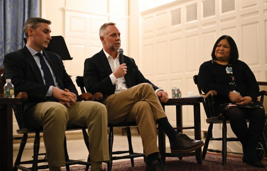 From left: Chris Doyle, director of admission at Marist College, Greg Roberts, dean of admission at the University of Virginia, and Peaches Valdes, dean of admission at Hamilton College, share tips with Upper Mids and their parents.