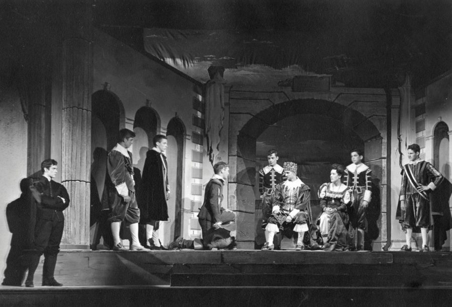 Actors perform Hamlet in Walker Auditorium in 1947.