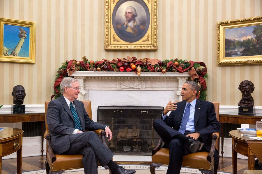 President Barack Obama meets with Senate Minority Leader Mitch McConnell, R-Ky. in the Oval Office, Dec. 3, 2014. (Official White House Photo by Pete Souza)

This official White House photograph is being made available only for publication by news organizations and/or for personal use printing by the subject(s) of the photograph. The photograph may not be manipulated in any way and may not be used in commercial or political materials, advertisements, emails, products, promotions that in any way suggests approval or endorsement of the President, the First Family, or the White House.