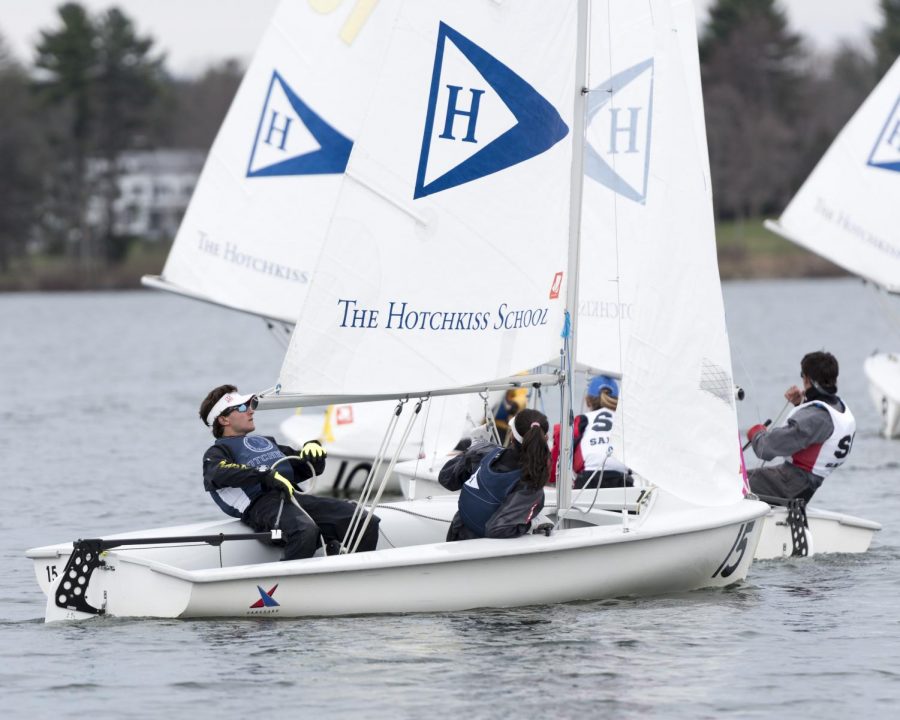 Sailors Oliver Hurwitz 21 (left) and Liz Koobation 19 (right) race in the New England Fleet Racing Championships held on Lake Wononskopomuc. 