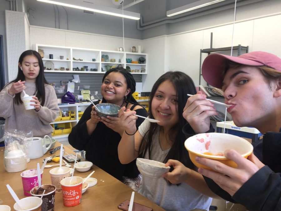 Students enrolled in the winter ceramics co-curricular held a Senior farewell party to celebrate the end of the season.