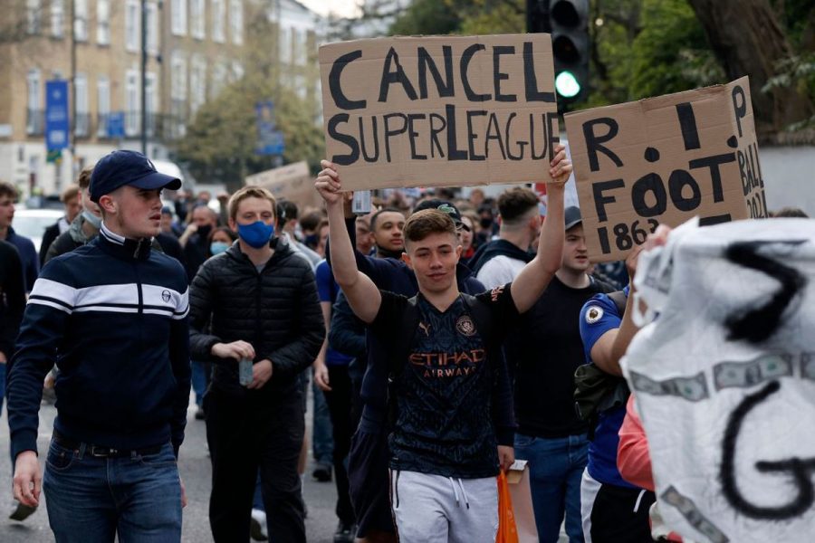 Soccer fans protest the European Super League in London on April 20. 