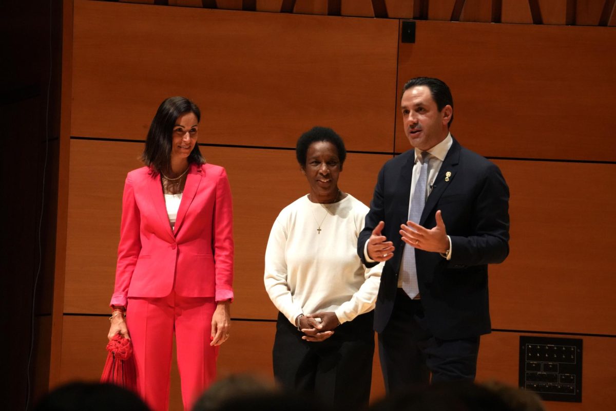 Director of Special Olympics Slovakia Eva Gazova (left) and Special Olympian Loretta Claiborne (center) joined David Evangelista (right) during the Beal Lecture.