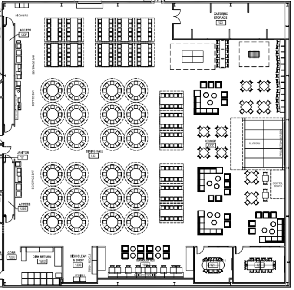 Floor plans for the Ford Food Court (FFC) show dining tables, a lounge, and a stage.