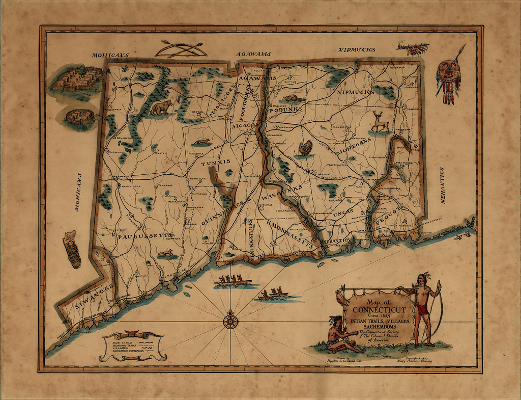 A map of Connecticut showing the distribution of Native Americans tribes in 1625.