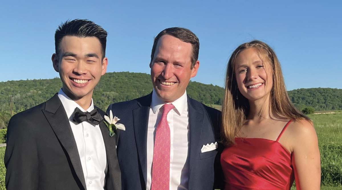 Mr. D’Ambrosio and Senior Class Presidents Cooper Roh ’22 and Lydia Bullock ’22.
