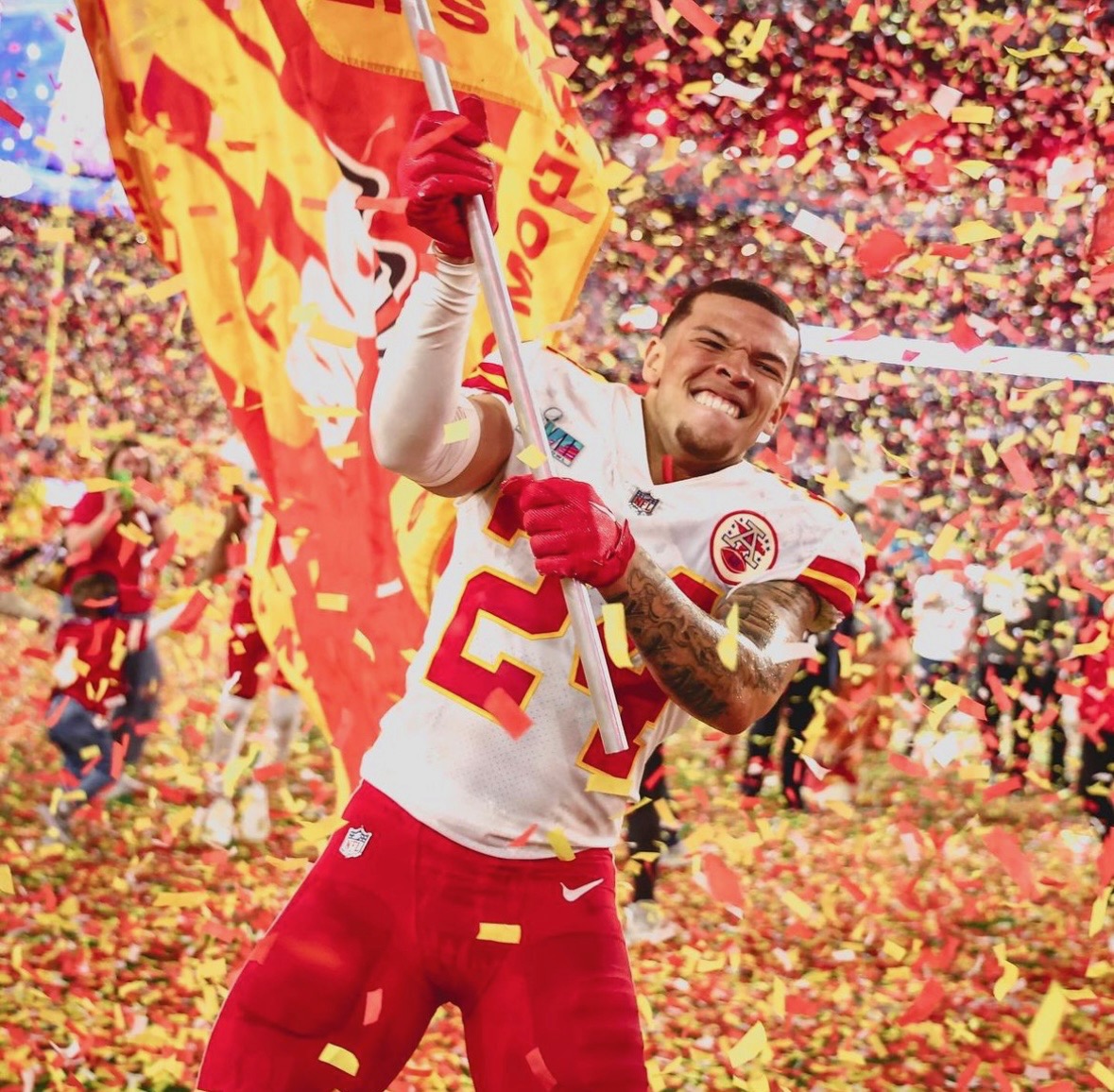 Skyy Moore celebrates his teams thrilling Super Bowl victory.