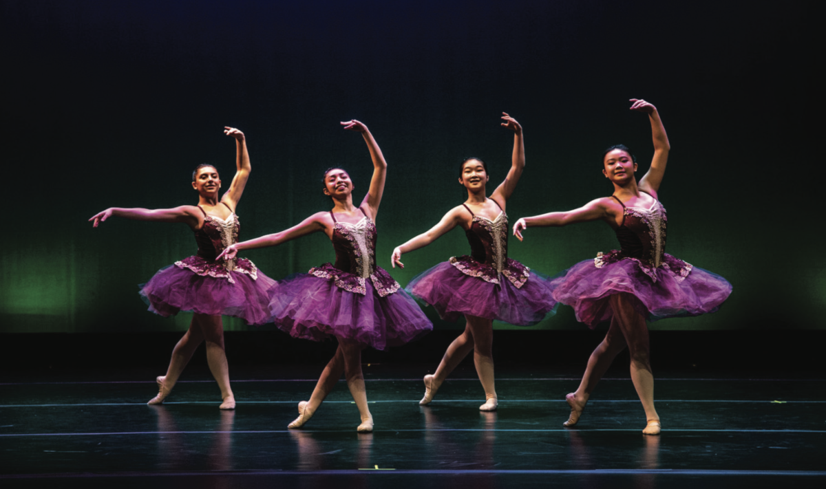 From left to right: Daphne Khayatt ’24, Daniela Vasquez ’24, Irene Zeng ’26, and Ophelia Cham ’25 perform a ballet piece.