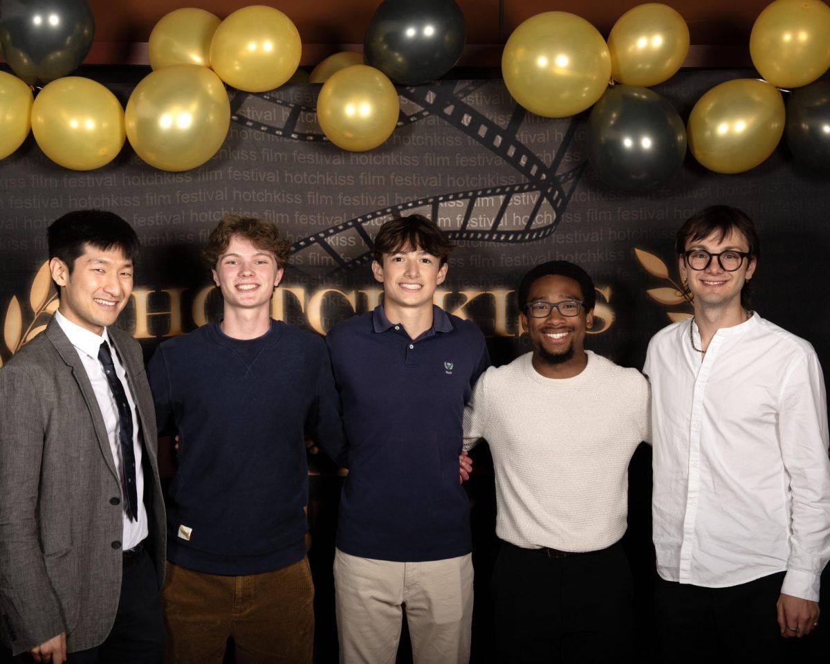 Film student winners pose with alumni judges, Brian Ryu ’13 and Luke Gardiner ’21.